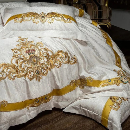 Egyptian Cotton Sheets Set – 1000TC Luxury Embroidered White Gold.