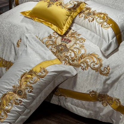 Egyptian Cotton Sheets Set – 1000TC Luxury Embroidered White Gold.