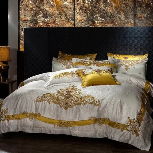 Egyptian Cotton Sheets Set – 1000TC Luxury Embroidered White Gold.