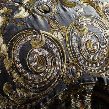 Detailed view of lavish embroidery on Egyptian Cotton Sheets in metallic thread.