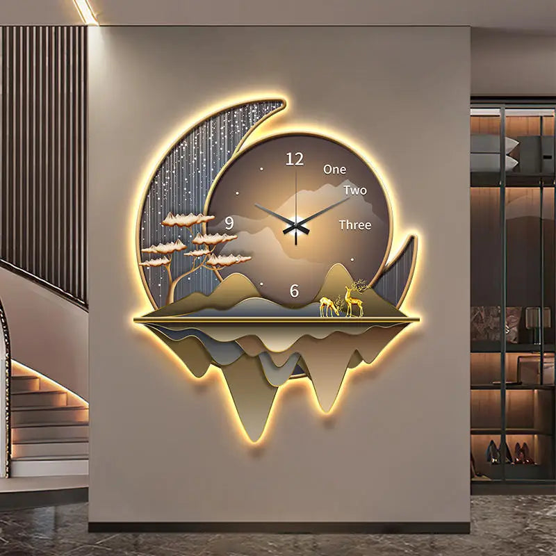 Aesthetic Clock & Moon LED Wall Lamp adding style and lighting to a living room