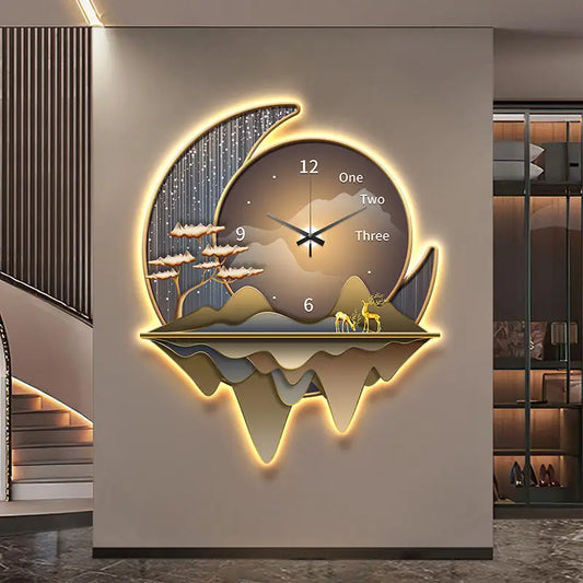 Aesthetic Clock & Moon LED Wall Lamp adding style and lighting to a living room