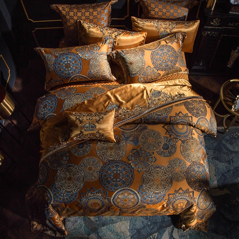 Egyptian Cotton Sheets Royal Golden Embroidered Jacquard Set.