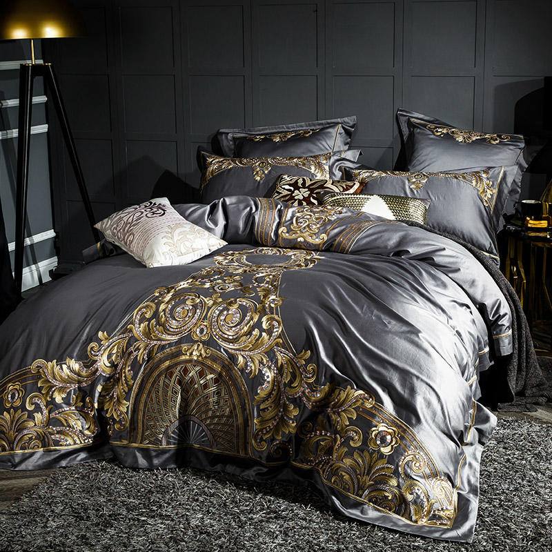 Wide view of Egyptian Cotton Sheets with rich baroque details and deluxe texture.