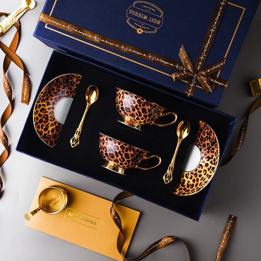 Unique leopard pattern tea cup set made from high-quality bone china