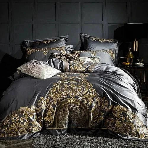 Elegant Egyptian Cotton Sheets set with gold baroque embroidery in dark grey tones.