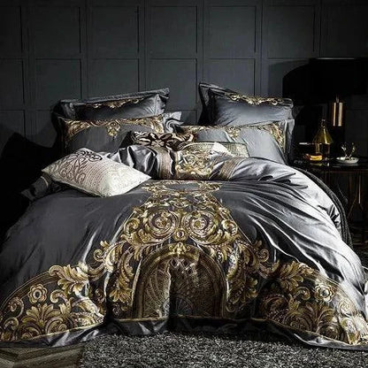 Elegant Egyptian Cotton Sheets set with gold baroque embroidery in dark grey tones.