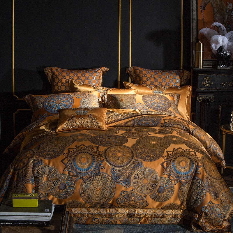 Egyptian Cotton Sheets Royal Golden Embroidered Jacquard Set.