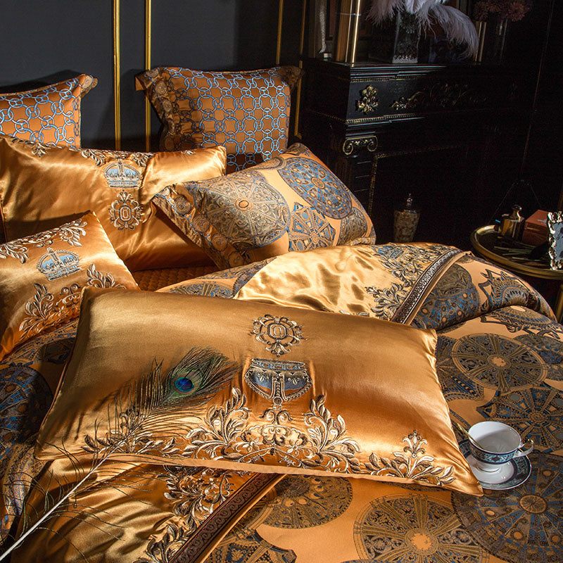 Egyptian Cotton Sheets Royal Golden Embroidered Jacquard Set.